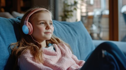 A young girl sits on a couch wearing headphones, likely enjoying her favorite music or game