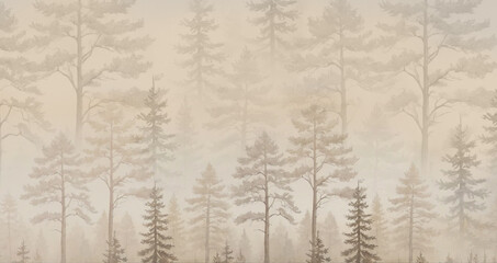 Silhouettes of trees. The forest is in a fog. A mural for the walls. Design for photo wallpapers.