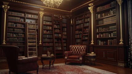 Stately Manor Library with Wooden Shelves and Classic Armchairs