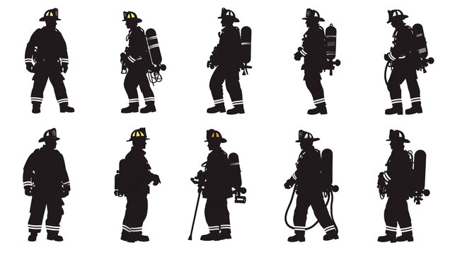 silhouettes of firemen isolated on transparent background