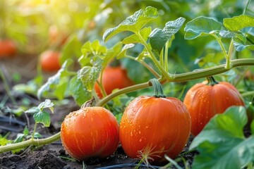 Obraz premium Fresh and juicy tomatoes growing on a vine in a garden, great for food photography or advertising use