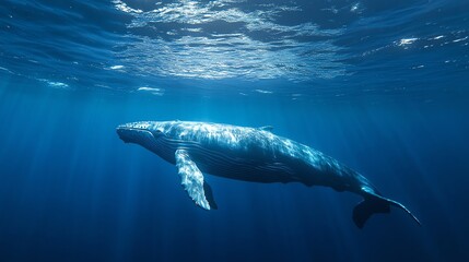 Naklejka premium A humpback whale swims through clear blue water.