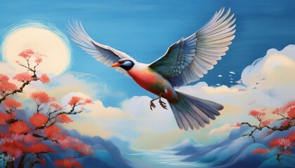 Fototapeta premium A bird flying freely in the clear sky, oriental painting