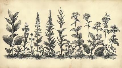 Vintage botanical illustration featuring various plants arranged in a decorative line. Perfect for nature enthusiasts.