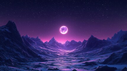 Fototapeta premium A stunning night landscape featuring a glowing purple moon over majestic mountains and a serene water body.