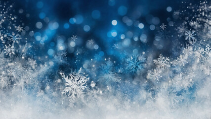 Blurred christmas background. Snow and snowflakes on blue with light bokeh.