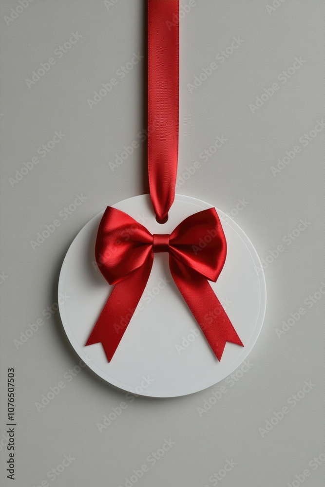 Poster a simple white plate with a decorative red bow tied around the edge