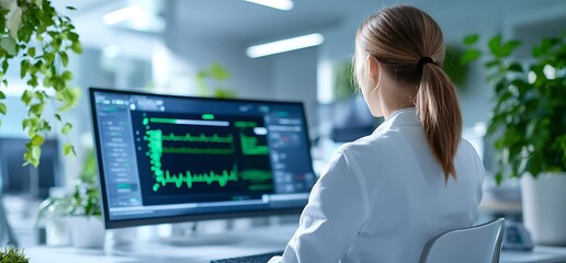 Woman in white lab coat looking at data on a computer screen.