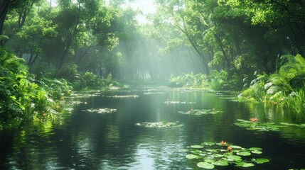 Fototapeta premium Lush green forest with a serene river and soft sunlight filtering through.