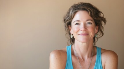 Naklejka premium Mature woman in a blue tank top, calmly smiling, looking at the camera, warm beige background, soft daylight, medium shot