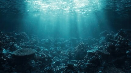 Naklejka premium Beneath the surface, a tranquil underwater scene showcases vibrant coral reefs illuminated by soft, streaming sunlight.