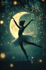 Naklejka premium A woman dances in a tutu under the light of a full moon