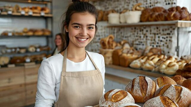 young American woman owner of bakery shop smiling with various type of bread on tray a her shop