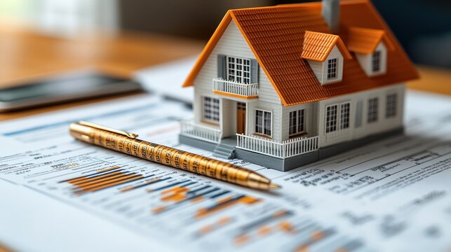 Model house on financial documents with a pen.