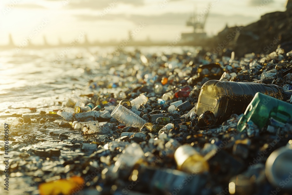 Aufkleber a polluted beach scene with litter and waste scattered everywhere, suitable for environmental or con