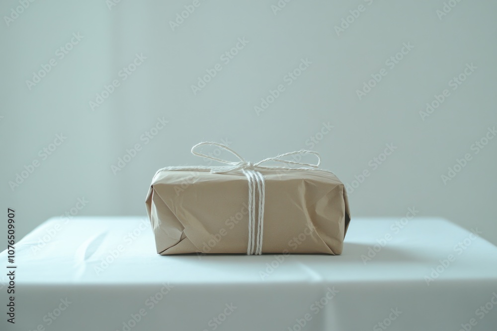 Poster a beautifully wrapped gift sitting on a clean and simple white table, perfect for use in various occ