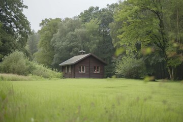 Fototapeta premium Rustic cabin surrounded by greenery, suitable for rural landscape or outdoor adventure concepts