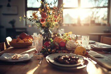 Naklejka premium Warm sunlight on a festive table with food and flowers