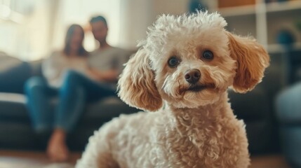 Miniature poodle on sofa, family embracing in background, cozy living room setting with warm indoor light,
