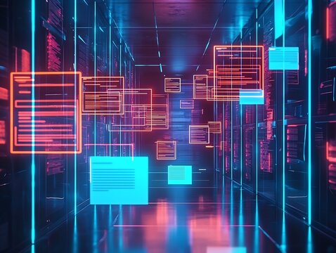 Futuristic Blockchain Secured Corporate Records Management in Glowing Neon Office