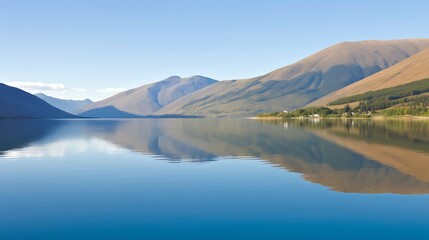Mountain Range Reflected in Still Blue Lake Water