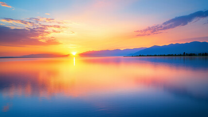 Naklejka premium Serene sunset over tranquil lake and mountains with vibrant sky reflections