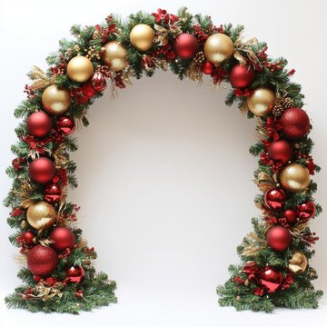 Festive holiday arch adorned with red and gold ornaments, perfect for Christmas decorations and celebrations.