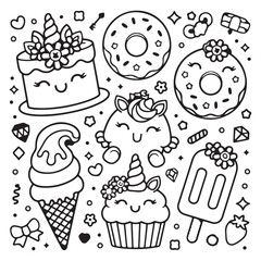 Kawaii Unicorn Cake, Donut, Ice Cream, and Cupcake Vector