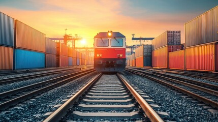 Obraz premium Cargo Train Entering Industrial Area at Sunset