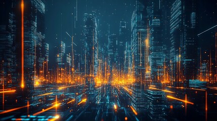 Futuristic Cybersecurity Smart City with Glowing Data Flows Between Protected Buildings