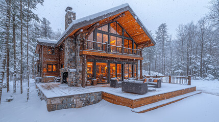 cozy winter lodge with snow falling gently, surrounded by serene forest, creating perfect winter retreat. warm glow from windows contrasts beautifully with snowy landscape