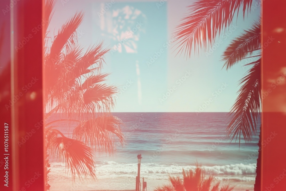 Poster a serene ocean view seen through a window with natural light and calm atmosphere
