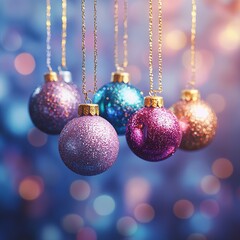 Obraz premium colorful ornaments hanging from a Christmas tree, with golden sparkles