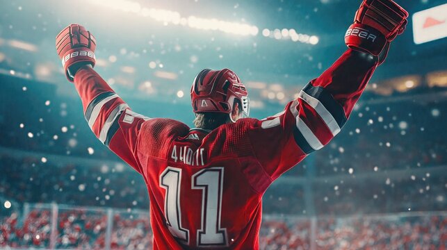 A hockey player in a red jersey with number 11 raises his arms