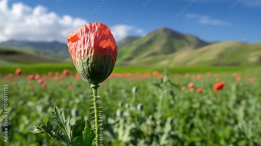 Aufkleber a single poppy flower grows in a green field with distant mountains visible in the background, offer