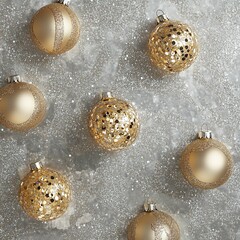 golden Christmas ornaments on a silver background, with sparkles