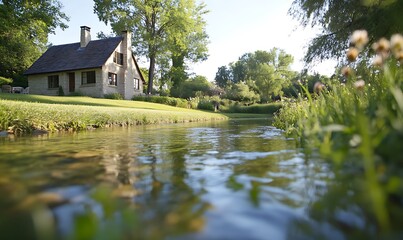 Obraz premium A charming cottage with a picturesque stream in front of it.