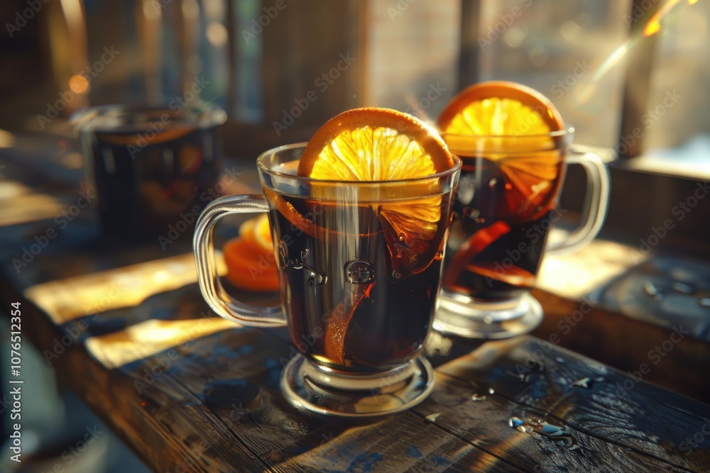 Aufkleber warm and inviting scene of mulled wine served with orange slices on a table