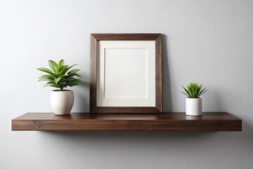 Natural Dark Wooden Shelf with Empty Horizontal Wall Frame for Mockup, Featuring Blank Image with White Background, Photorealistic Detail in Muted Colors for Design Use