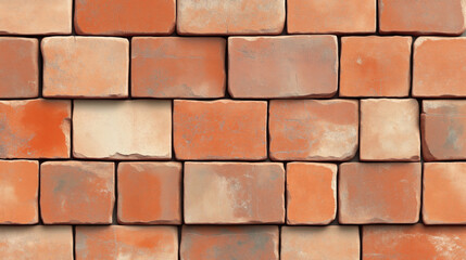 Close-up view of a textured brick wall with an array of varied orange and beige bricks, showcasing a worn and aged appearance with visible cracks and irregular surfaces.