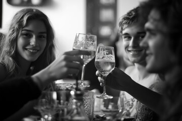 Group of friends sharing wine and conversation, perfect for social media or event promotion