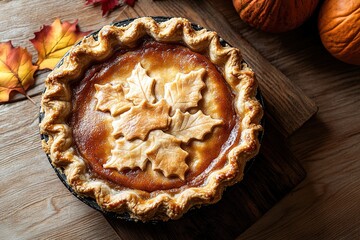 Homemade pumpkin pie with leaf pattern crust