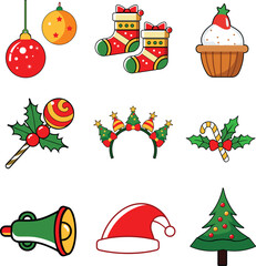 Festive Christmas Set: Cozy sock, headband, lollipop, candy can,  Santa hat, Holiday Bells, and Christmas tree.