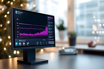 A computer monitor displaying a stock market graph.