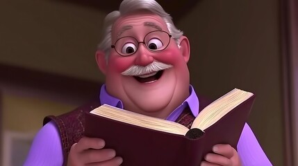 A cartoon elderly man with a mustache reading a book and smiling