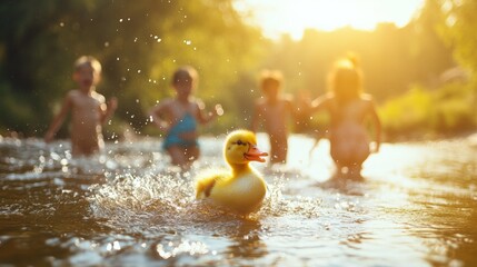 Yellow duckling on riverside, group of kids splashing in water nearby, vibrant daylight casting warm tones,
