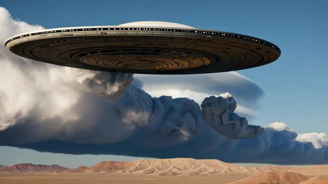 Video footage of massive UFO hovers above a barren desert, casting a shadow on the ground, with swirling clouds in the sky, creating a dramatic and eerie atmosphere
