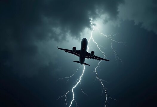 The aircraft encounters a severe thunderstorm, surrounded by dark clouds and illuminated by bright lightning strikes, highlighting the danger in the sky. Causes of air crashes. Generative AI