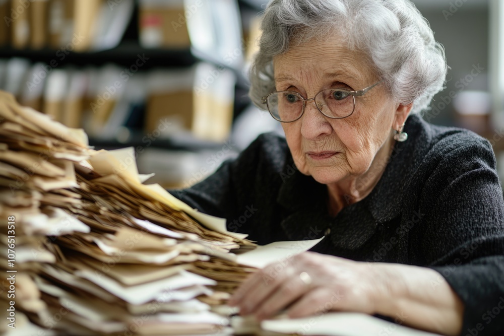 Poster a woman examines a stack of papers with a thoughtful expression