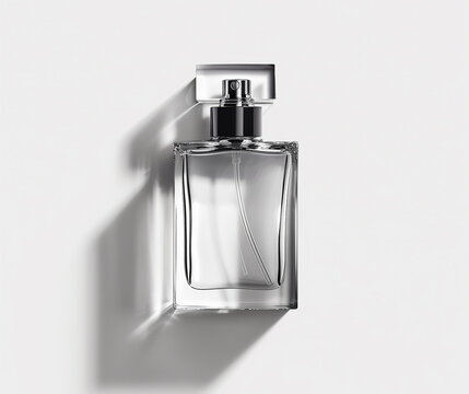 A small empty transparent perfume bottle, on a white background, mock-up.